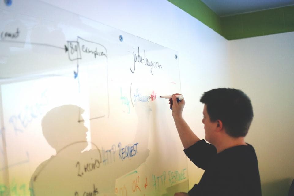 Collaborateur schématisant un processus sur un tableau blanc, illustrant les niveaux de maturité du modèle CMMI